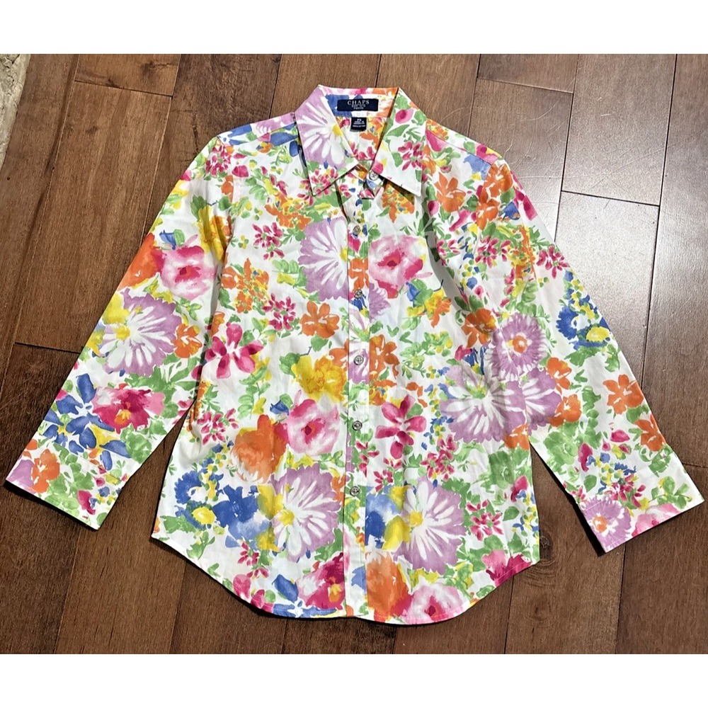 Chaps Vibrant Multicolor Floral Button Top Womens Petite PS 3/4 Sleeve Cotton